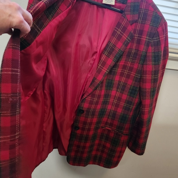 Vintage wool blend blazer red tartan plaid 3/4 sleeves 2 button closure women 16 - Picture 5 of 7